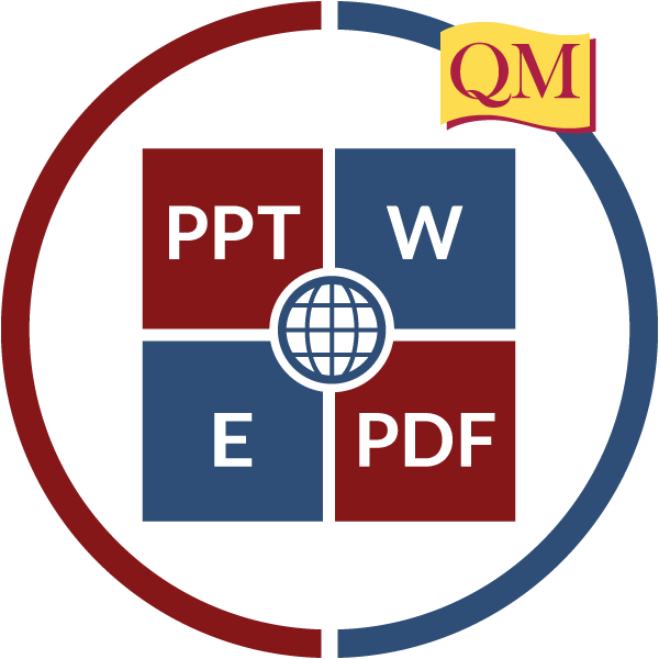 Square with quadrants showing media accessibility marks encased with a circle containing QM logo mark.